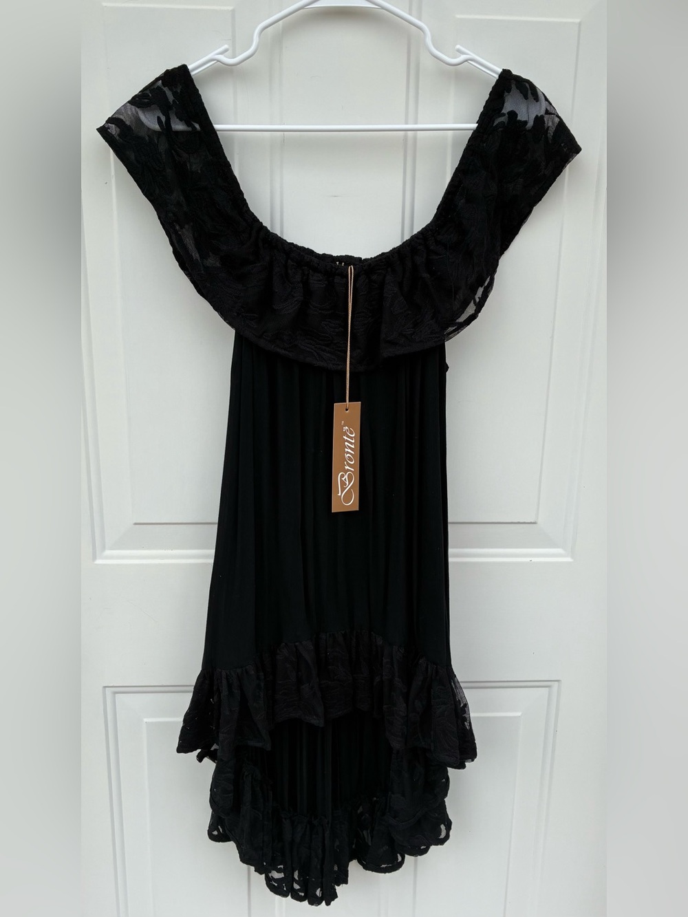 Bronte Black Off-Shoulder Ruffled Lace Gothic Dress-Tunic, Women’s Size Med, NWT